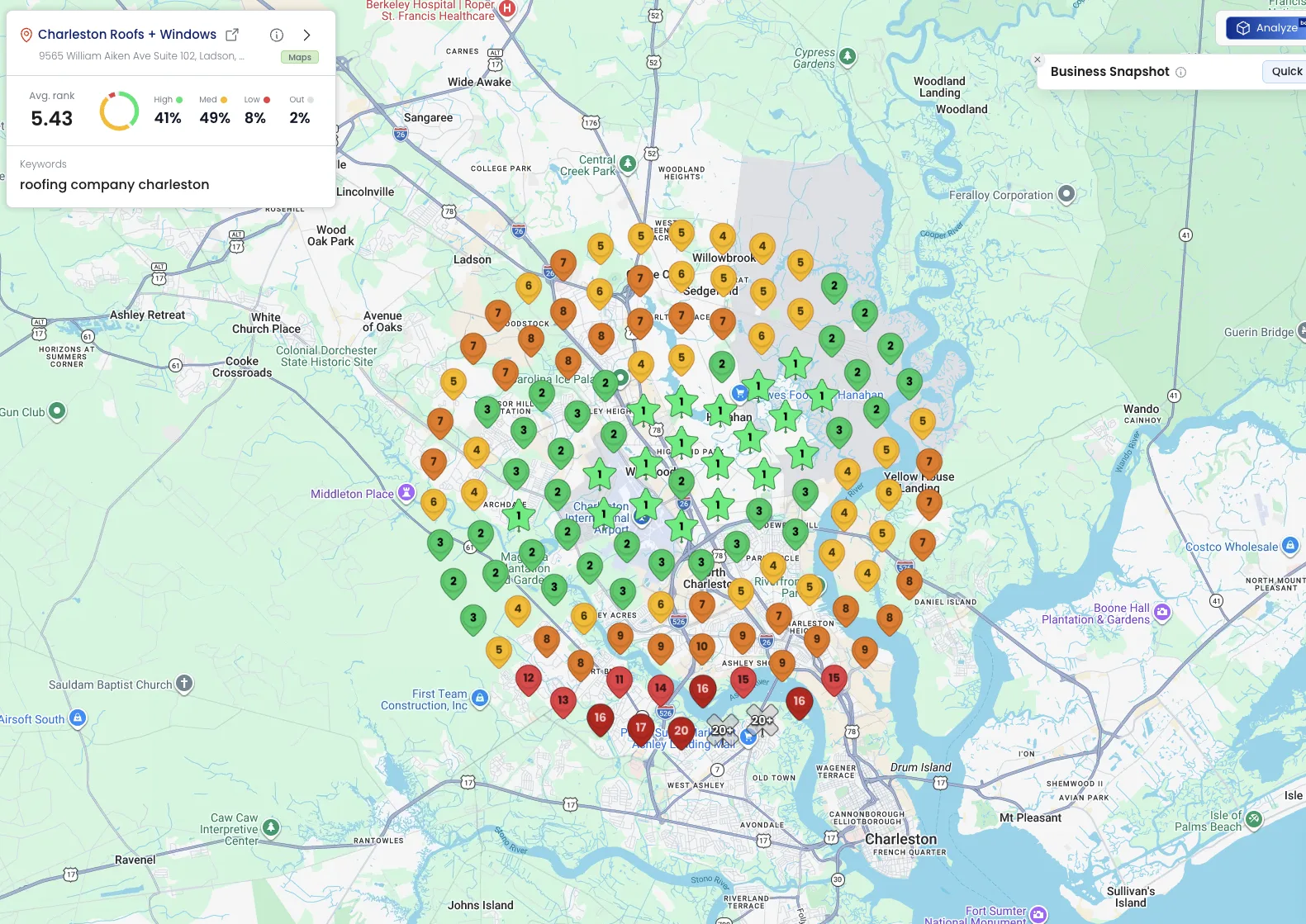 Charleston Roofs and Windows map grid for roofing company charleston, 5.43 average rank