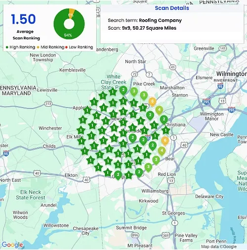Class Roofing map grid for roofing company in Newark Delaware, 1.50 average rank