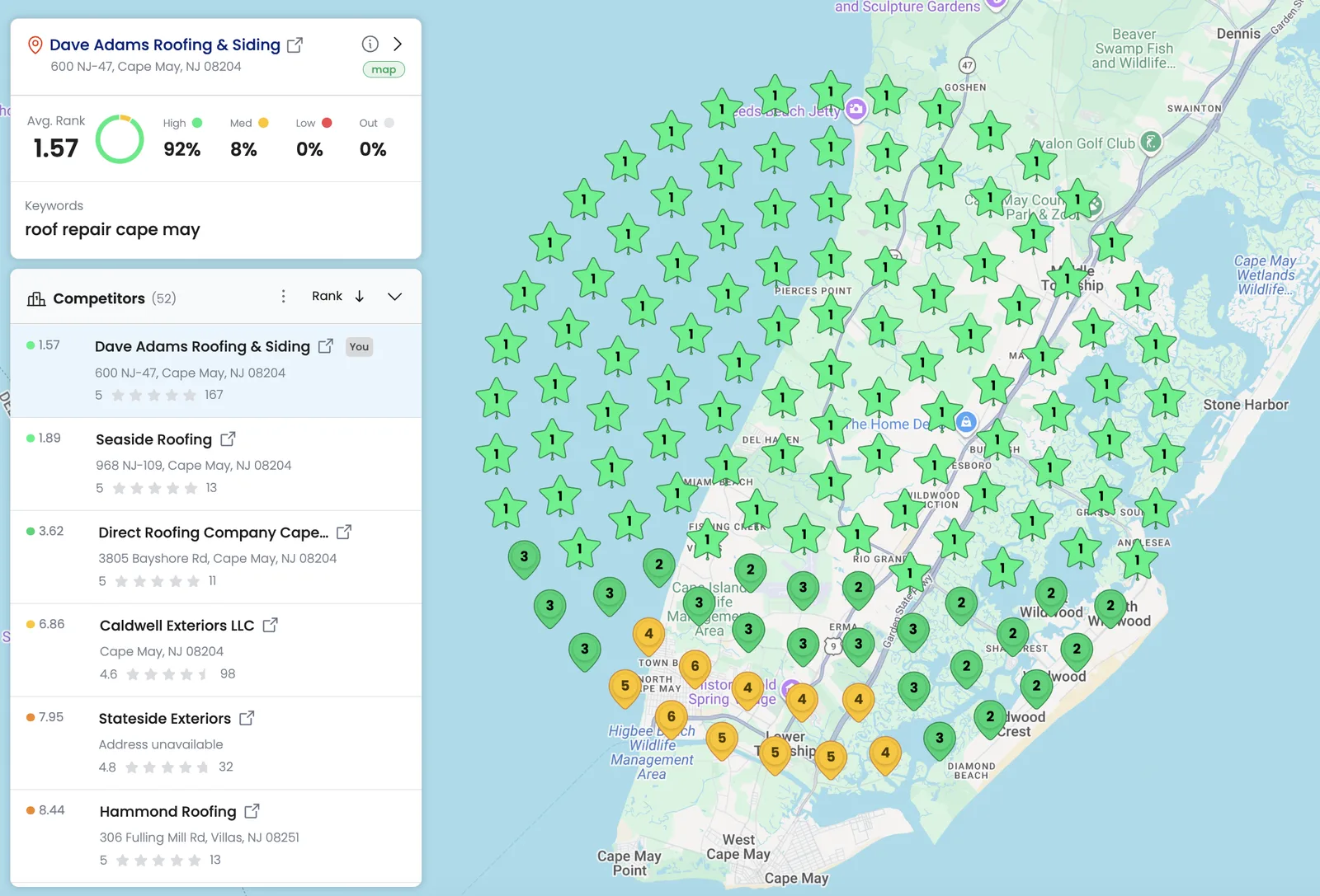 Dave Adams Roofing and Siding ranking grid for roof repair cape may