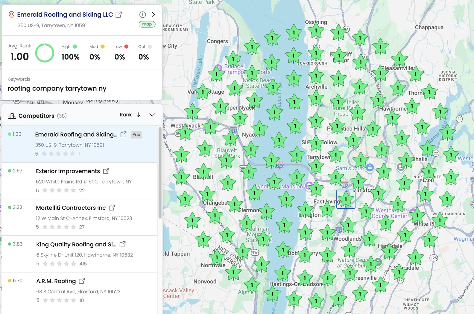 Emerald Roofing and Siding Google Maps ranking grid in Tarrytown, New York, 1.00 average rank