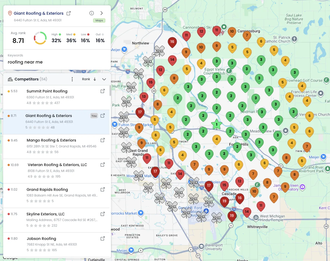 Giant Roofing and Exteriors map grid for roofing near me, 8.71 average rank