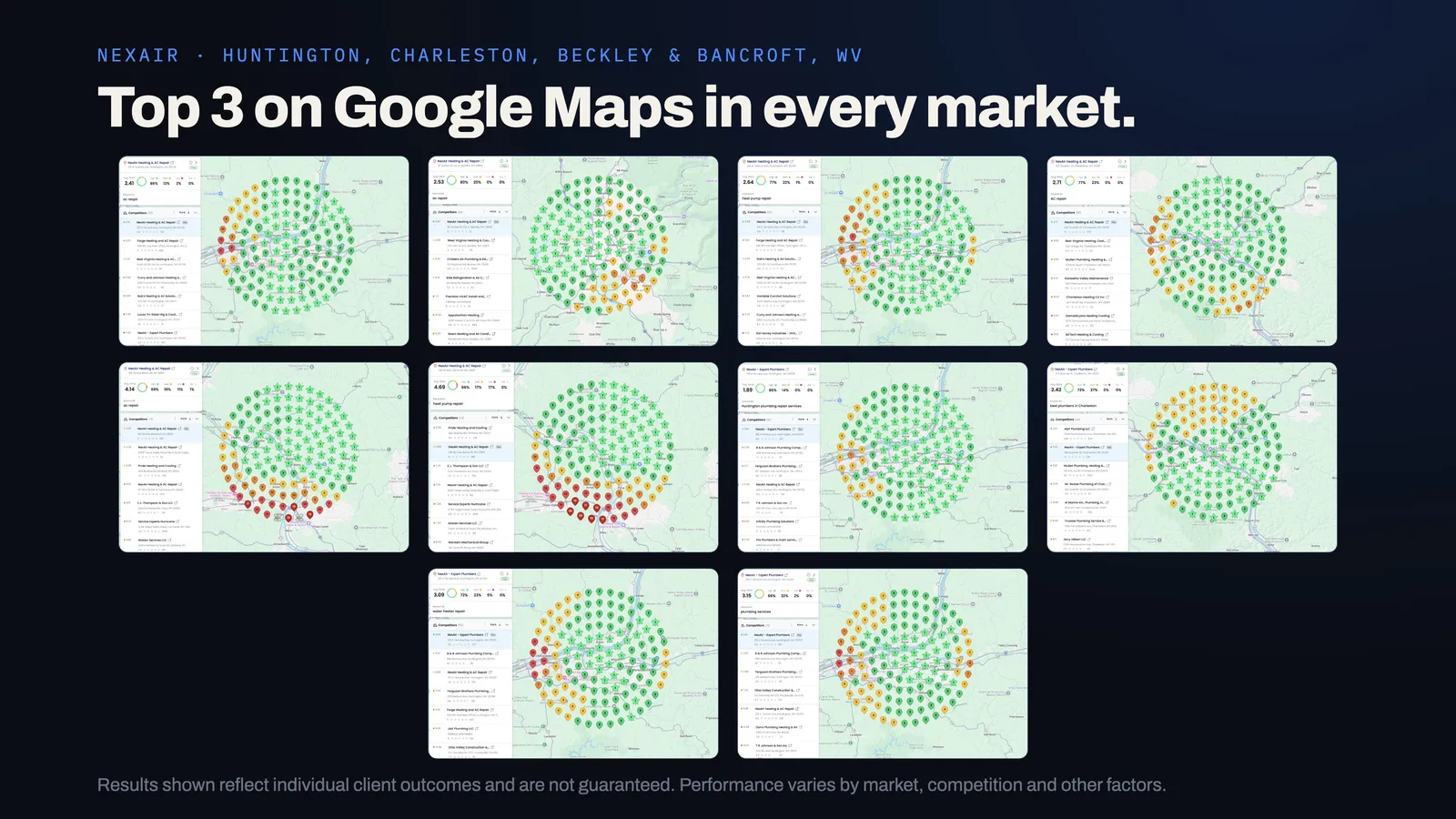 Eight Google Maps ranking grids for NexAir Home Services across Huntington, Charleston, Beckley and Bancroft, West Virginia