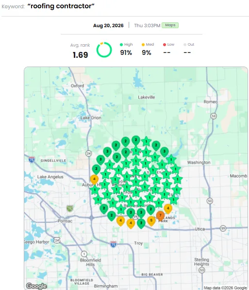 Original Roofing Company Google Maps ranking grid for roofing contractor, Rochester Hills, Michigan