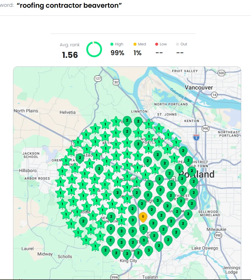 Raven Roofing Google Maps ranking grid for roofing contractor beaverton