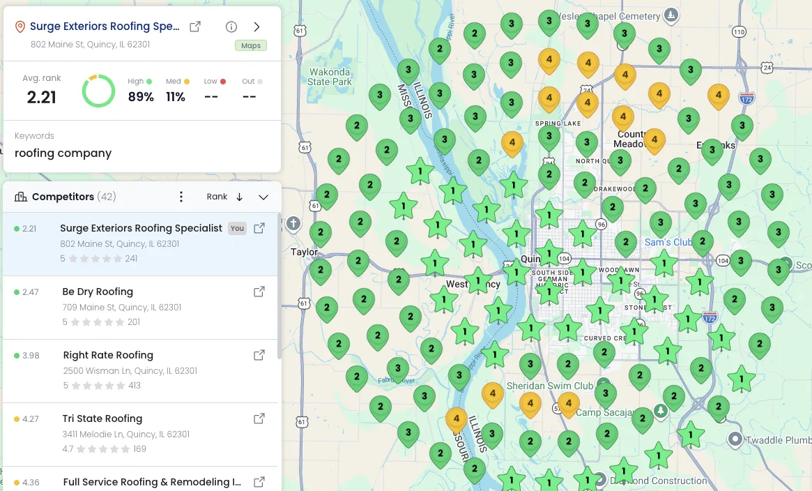 Surge Exteriors Quincy map grid for roofing company, 2.21 average rank