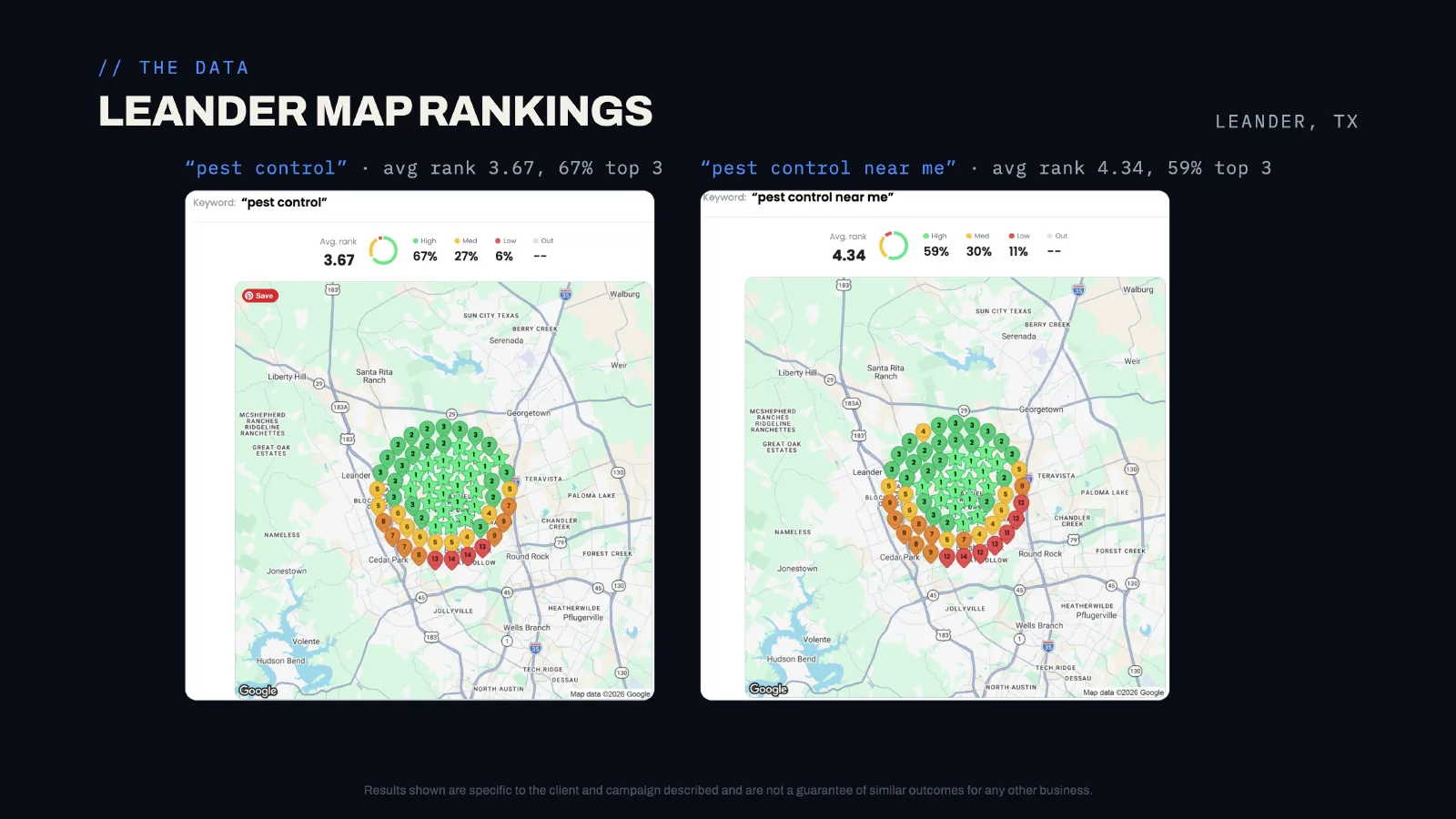 Surge Pest Control Google Maps ranking grid for pest control in Leander, Texas